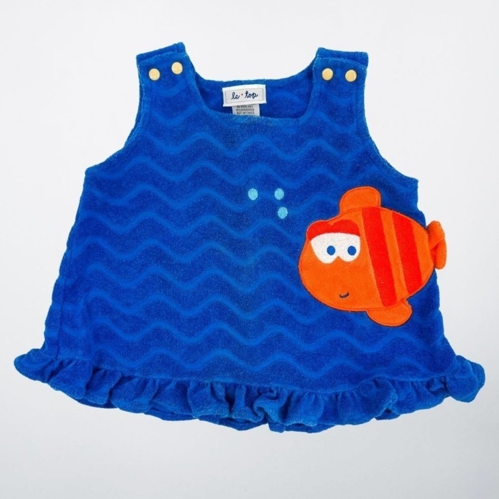 Le Top Blue Terry Cloth Fish Applique Ruffle Hem Sleeveless Top 18M